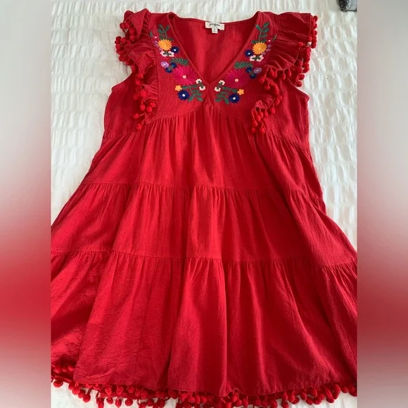 Umgee Red Embroidered Dress with Floral Details - Picture 5 of 16